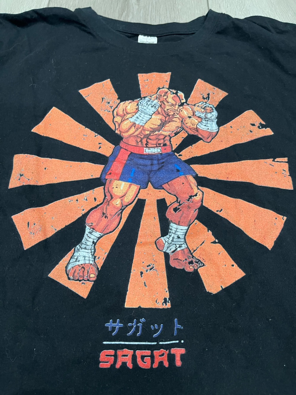 Sagat Graphic Tee - Black with Orange & Blue Print Street Fighter Shirt - Picture 2 of 4